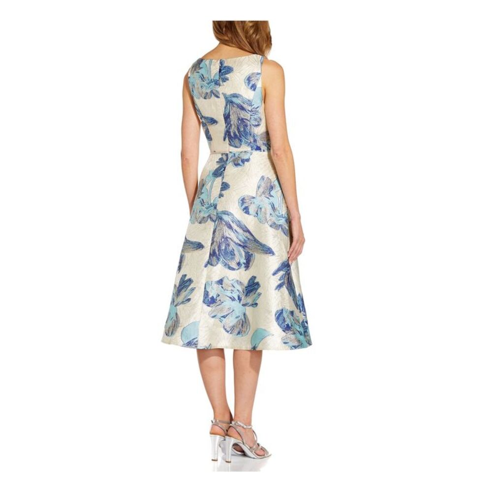 ADRIANNA PAPELL Womens Blue Lined Sleeveless Below The Knee Fit + Flare Dress 4 - Picture 2 of 4